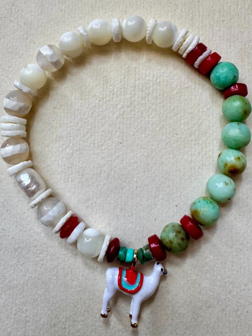 Adorable Llama Charm Natural Stone Beads Stretch Bracelet